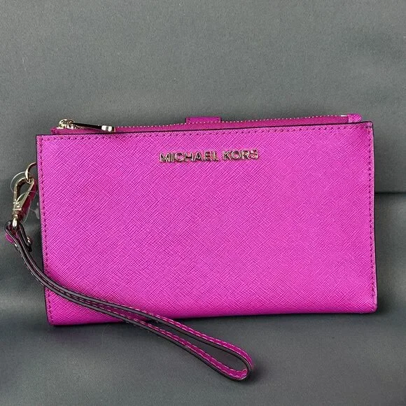 Michael Kors Pink Fuschia Leather Jet Set Travel Double Zip Wristlet Wallet - Picture 7 of 16
